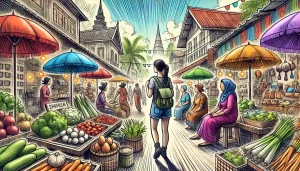 A woman walks in a local market with a backpack, enjoying the atmosphere.