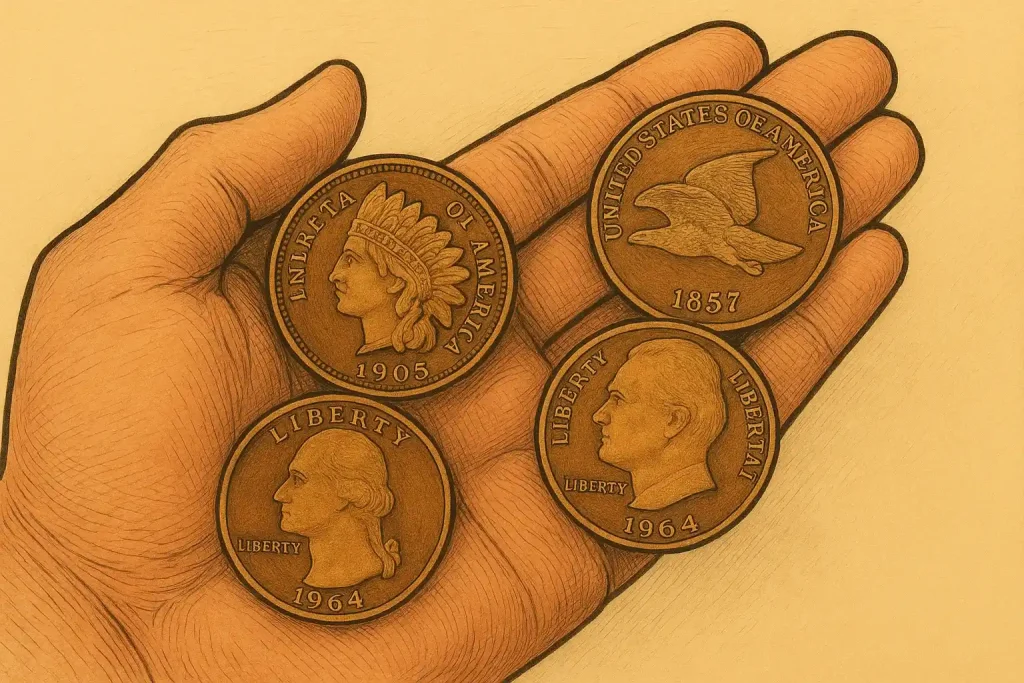A hand is holding various antique US pennies, including Lincoln wheat pennies and Indian head pennies.