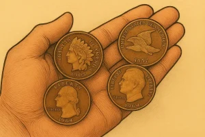 A hand is holding various antique US pennies, including Lincoln wheat pennies and Indian head pennies.