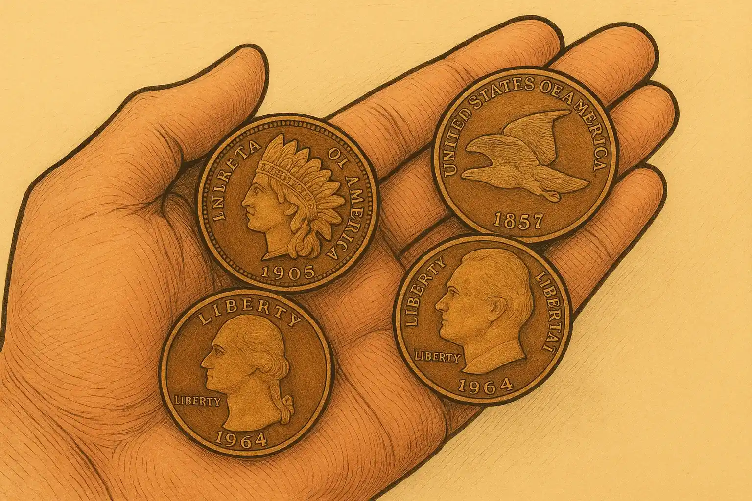 A hand is holding various antique US pennies, including Lincoln wheat pennies and Indian head pennies.