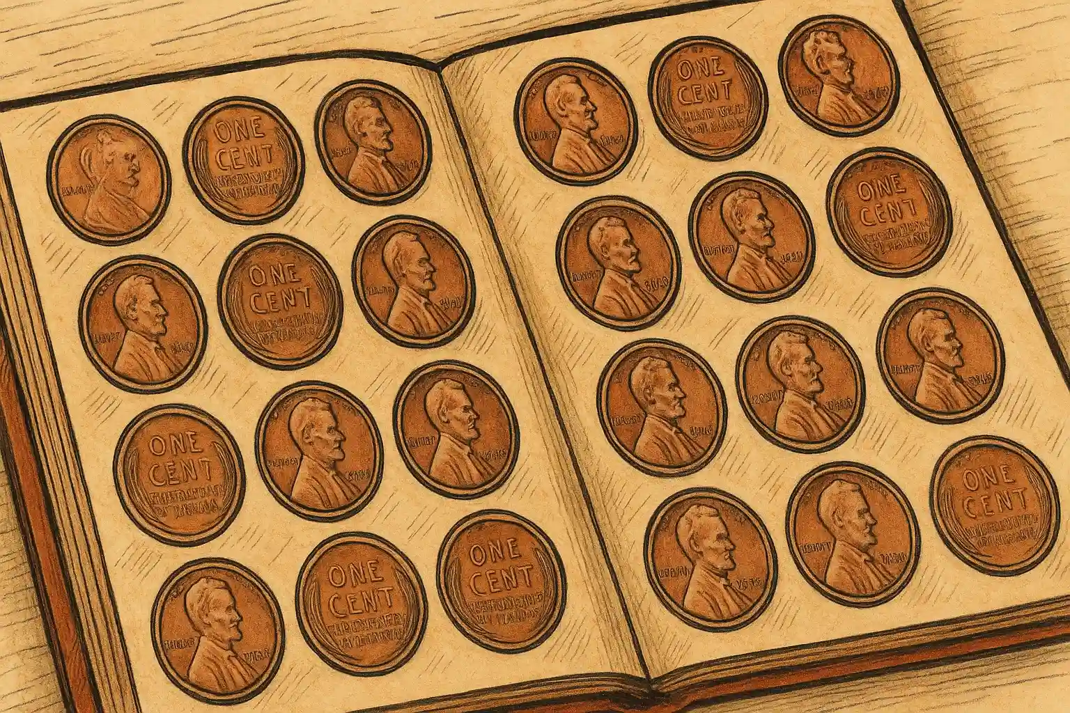 An album with various US pennies, primarily Lincoln wheat pennies.