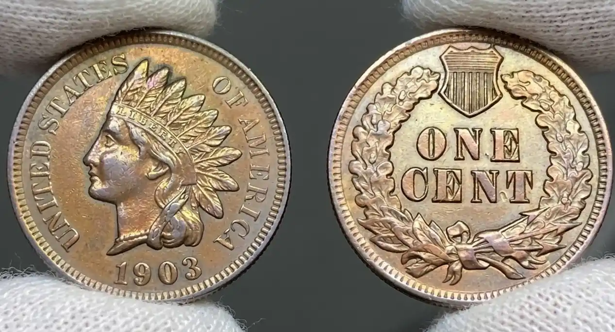 Close-up of a 1903 Indian Head penny held between gloved fingers